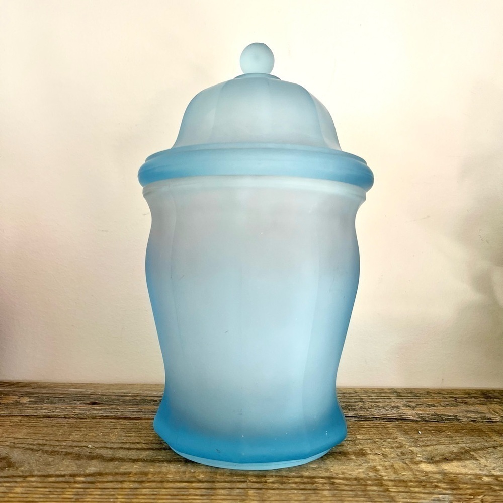 Blue satin glass apothecary jar Indiana Glass